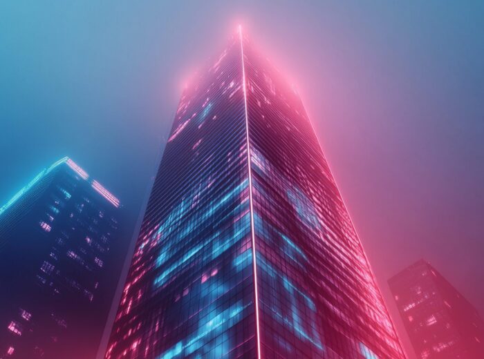 A single skyscraper with neon lights, positioned on a simple, spacious background.