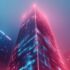 A single skyscraper with neon lights, positioned on a simple, spacious background.