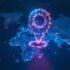 Abstract location pin. Digital gps light icon. Low poly wireframe vector illustration in futuristic hologram style on blue technology background. Travel and tourism locate created with generative ai