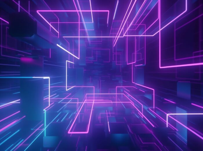 3d render, abstract geometric background with shapes and neon lines glowing in ultraviolet light, Generative AI